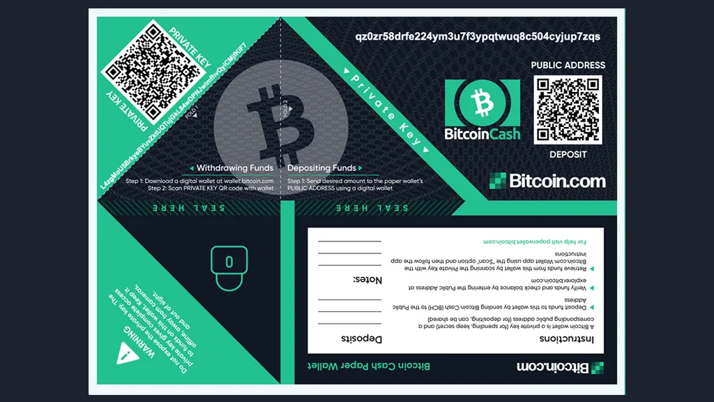 یک کیف پول کاغذی بیت کوین کش شامل آدرس عمومی و کلید خصوصی