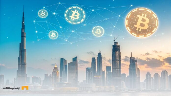 best-crypto-to-buy-now-2025-04-20 شهر آینده با نمادهای بیتکوین در آسمان، نماد رشد و پذیرش گسترده ارزهای دیجیتال توسط مؤسسات مالی