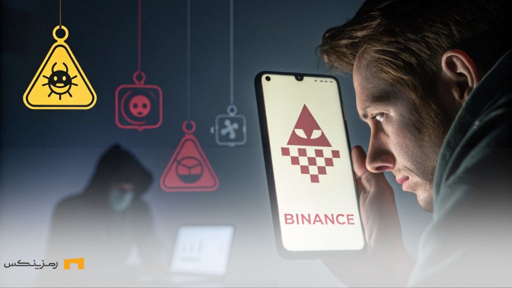 نمایش پیامک هشدار امنیتی جعلی از سوی بایننس روی گوشی کاربر، همراه با نمادهای فیشینگ