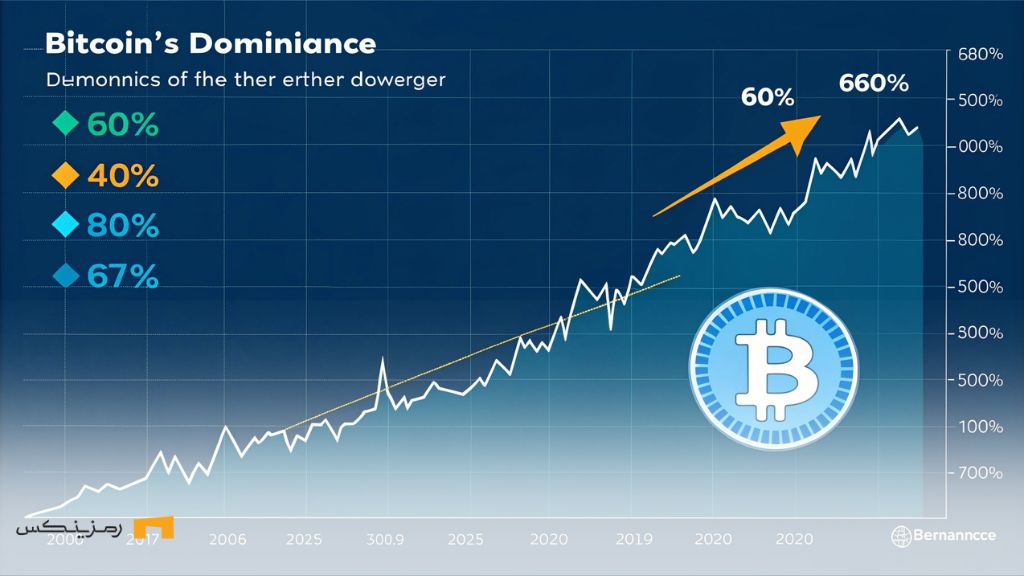 سلطه ۶۰ درصدی بیتکوین؛ تحول مهم در بازار ارز دیجیتال نمودار بازار ارز دیجیتال با تاکید بر ۶۰٪ تسلط بیت کوین بر بازار