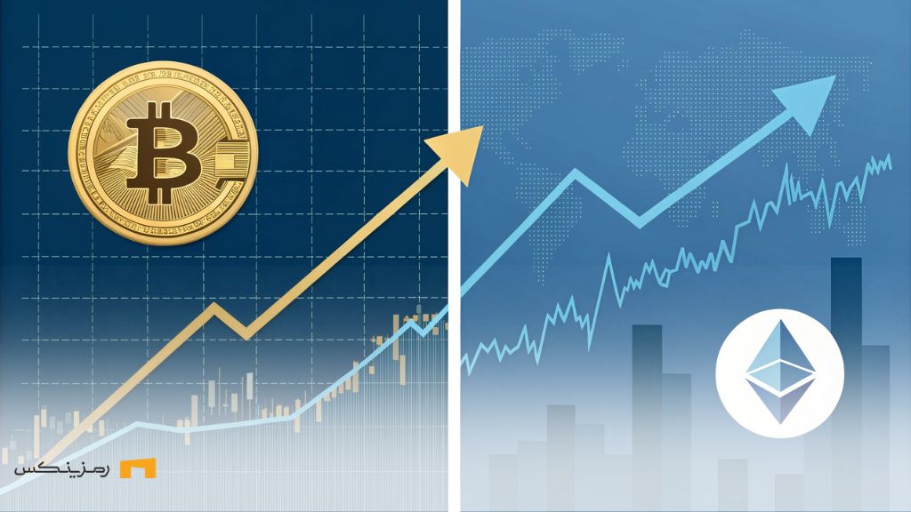 ورود سرمایه به ETFهای بیت کوین و کاهش ارزش اتریوم تصویری از رشد سرمایهگذاری در بیتکوین و افت متوالی اتریوم در بازار ارزهای دیجیتال