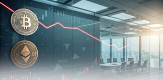 خروج مداوم سرمایه از صندوقهای ETF بیت کوین و اتریوم روند نزولی در بازار ارز دیجیتال، با نمادهای بیتکوین و اتریوم، نماد احتیاط سرمایهگذاران و تغییرات در احساسات بازار