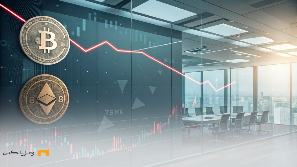 خروج مداوم سرمایه از صندوقهای ETF بیت کوین و اتریوم روند نزولی در بازار ارز دیجیتال، با نمادهای بیتکوین و اتریوم، نماد احتیاط سرمایهگذاران و تغییرات در احساسات بازار