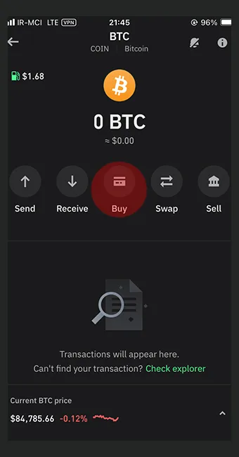 انتخاب گزینه Buy برای خرید بیت کوین