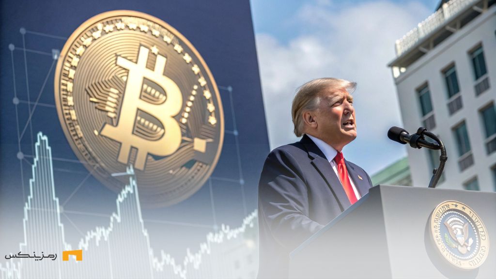crypto-standard-trump-citadel-crypto-market دونالد ترامپ در حال سخنرانی درباره مقررات جهانی ارزهای دیجیتال، با نمودار بازار و لوگوی سیتادل سکیوریتی در پسزمینه