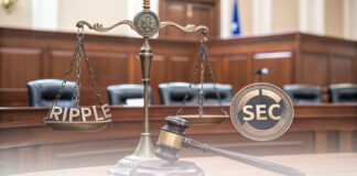 پایان دعوای حقوقی ریپل و SEC؛ کاهش جریمه و حل پرونده دعوای حقوقی بین ریپل و SEC، با ترازوی عدالت و چکش دادگاه در پسزمینه