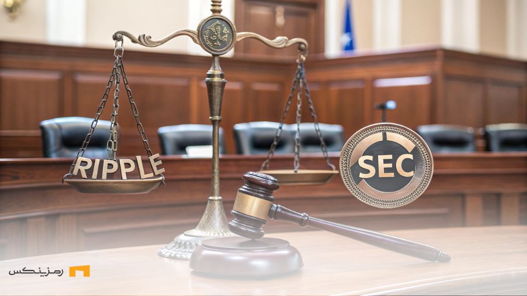 پایان دعوای حقوقی ریپل و SEC؛ کاهش جریمه و حل پرونده دعوای حقوقی بین ریپل و SEC، با ترازوی عدالت و چکش دادگاه در پسزمینه