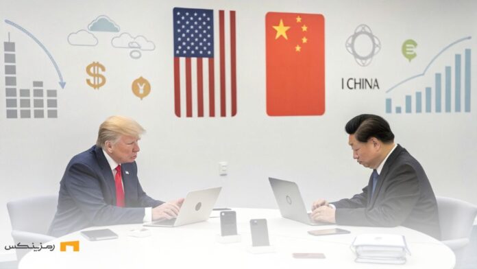 trump-china-125-percent-tariff-exemption-technology-products جلسه تجاری بین نمایندگان ترامپ و چین با نمادهایی از تکنولوژی و تعرفهها، نمایشدهنده تاثیرات جنگ تجاری بر صنعت فناوری
