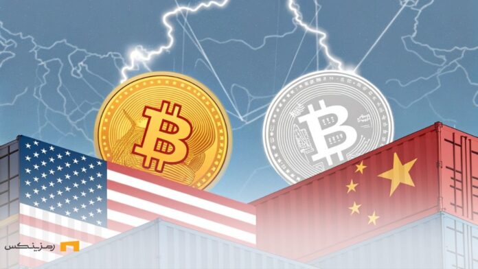 trump-tariff-cryptocurrency-boost-bitcoin نبرد دیجیتال بین ارزهای دیجیتال، به ویژه بیتکوین، و جنگ تجاری جهانی با نماد تعرفهها و پرچم آمریکا
