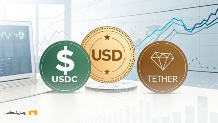 استیبل‌کوین‌های پشتیبانی‌شده با دلار مانند یو اس دی کوین و تتر که نشان‌دهنده وضعیت غیر اوراق بهادار آنها است، همراه با نماد دلار و المان‌های مالی مدرن