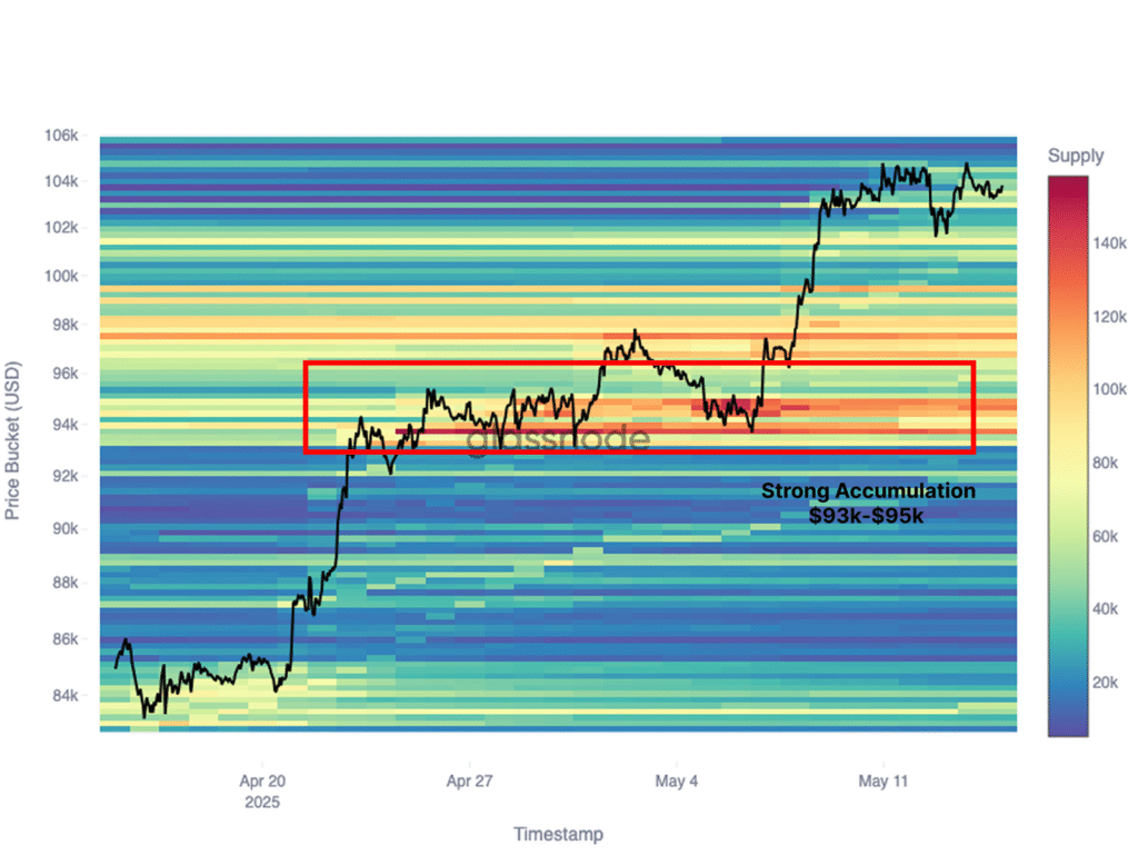 Cost Basis Distribution (CBD) Heatmap: نشاندهنده توزیع هزینههای خرید بیتکوین و سطح حمایت کلیدی در 93,000 تا 95,000 دلار.