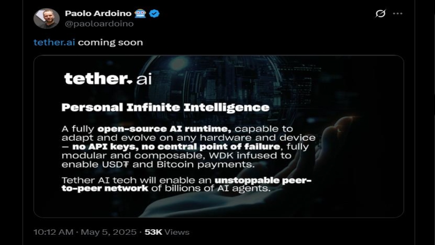 توییت پائولو آردوئینو درباره پروژه Tether AI