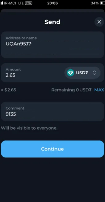ارسال تتر در کیف پول تون کیپر