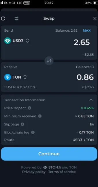 سواپ تتر و تون کوین در کیف پول تون کیپر