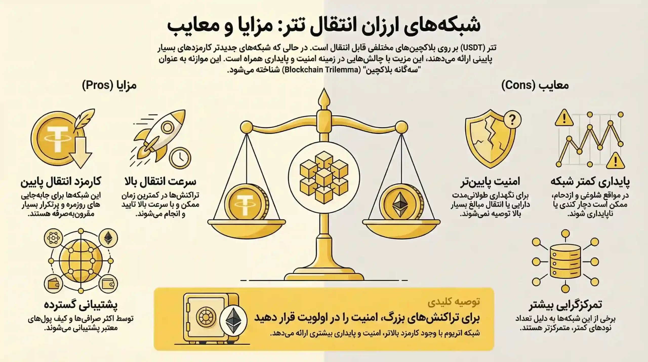 اینفوگرافی مزایا و معایب استفاده از ارزان ترین شبکه انتقال تتر.