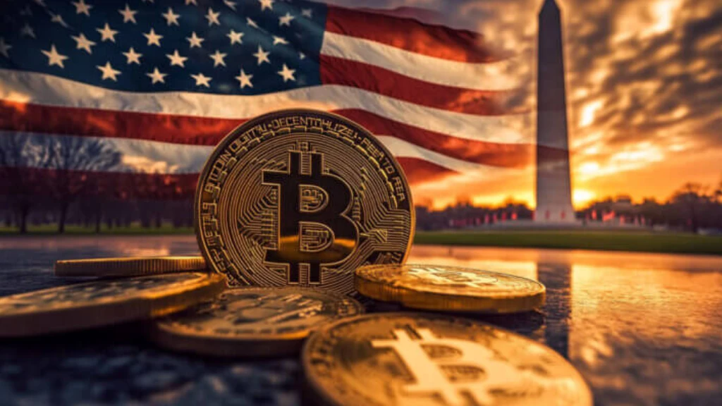 تصویر بیت کوین در کنار پرچم آمریکا