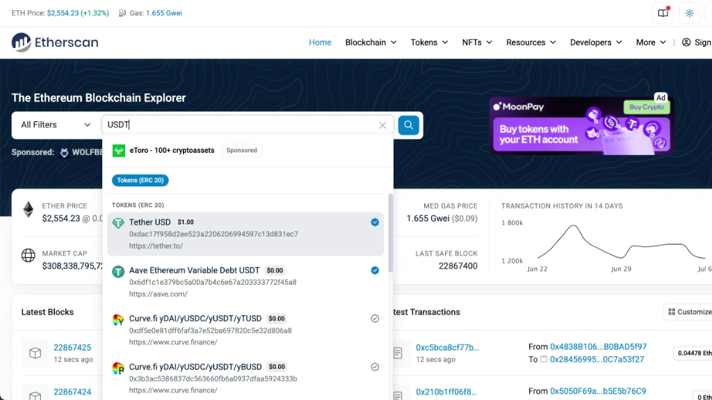 صفحه قرارداد هوشمند تتر USDT در بلاکچین اکسپلورر اتر اسکن