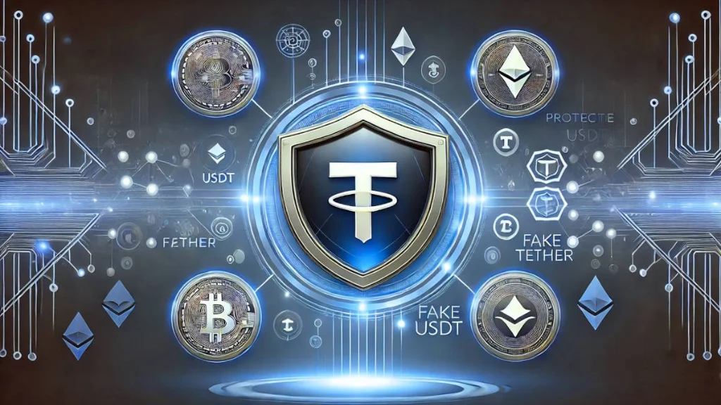 لوگوی تتر در وسط صفحه و لوگوی اتر و بیت کوین در اطرافش