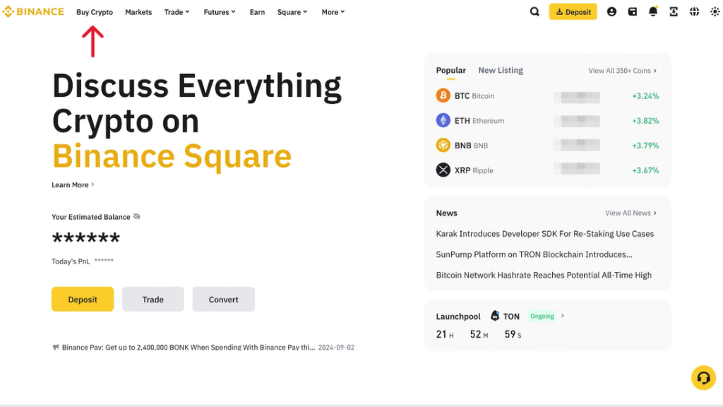 پس از ورود به صفحه اصلی صرافی، وارد بخش خرید رمزارز (Buy Crypto) شوید.