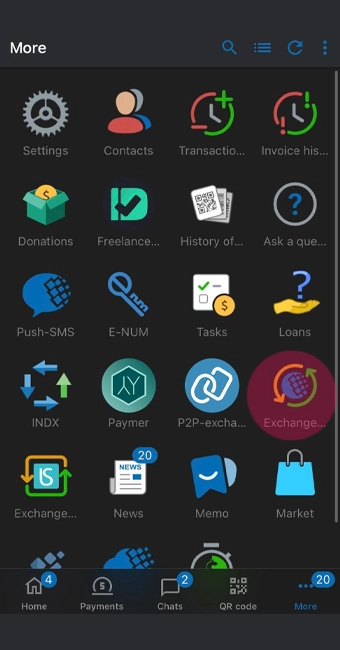 انتخاب بخش exchange در کیف پول وب مانی