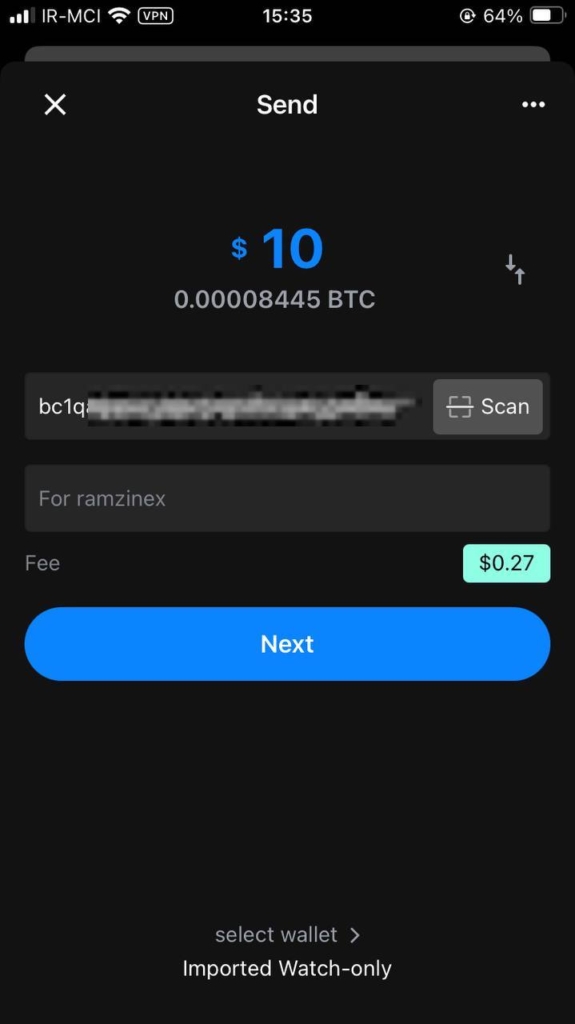 صفحه ارسال بیت کوین در کیف پول بلو ولت
