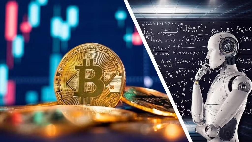 یک ربات، یک بیت کوین و در پس زمینه آن یک چارت