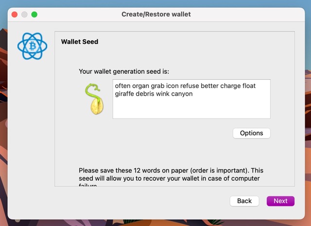 یادداشت عبارت بازیابی (Seed) در نرم‌افزار الکترام