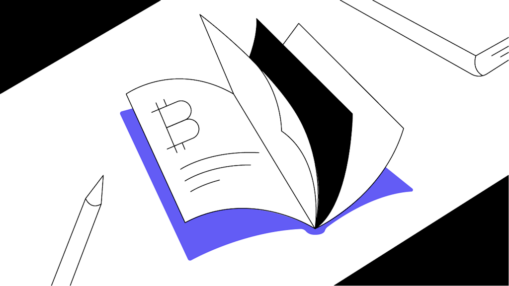 صفحات مختلف یک کتاب و لوگوی بیت کوین