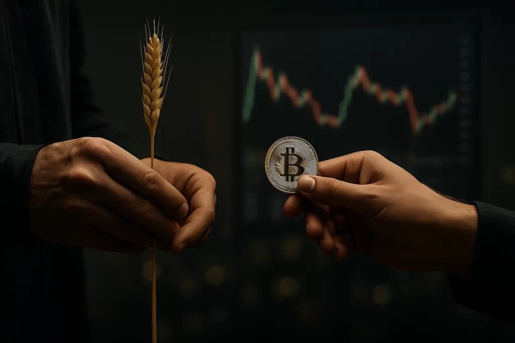 یک دست در حال دادن گندم و دریافت بیت کوین از دستی دیگر