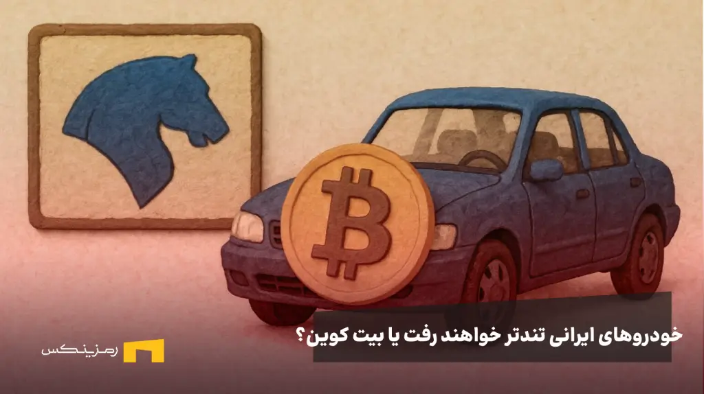 لوگوی بیت کوین روی یک ماشین در کنار لوگوی ایران خودرو
