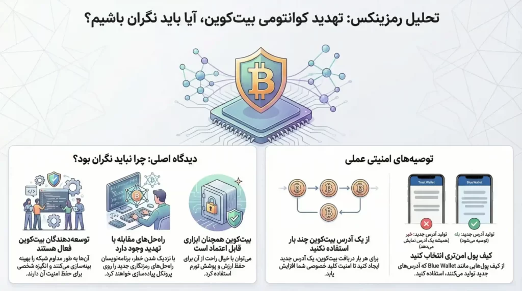 اینفوگرافی از تحلیل و توصیه‌های رمزینکس درباره تهدید رایانش کوانتومی برای بیت کوین