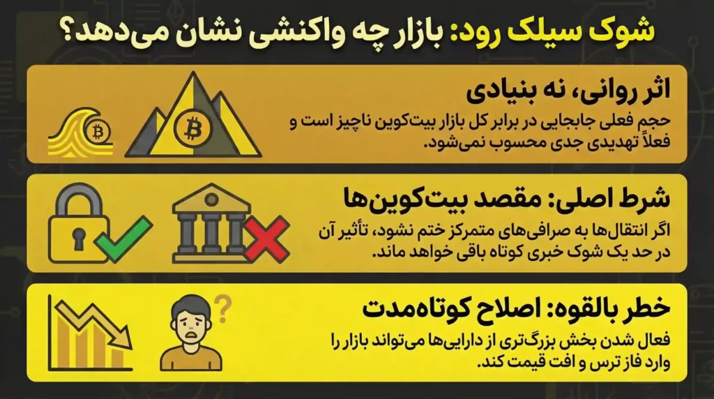 اینفوگرافی واکنش بازار به جابجایی بیت کوینهای سیلک رود در سناریوهای مختلف