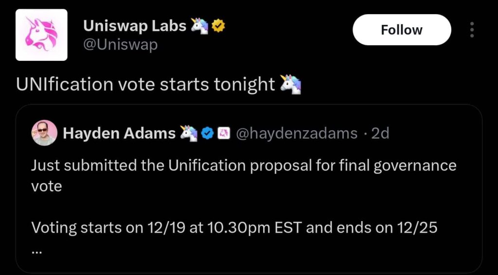 یک توییت از یونی سواپ درباره رای گیری