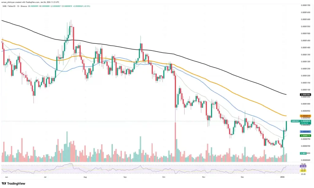 نمودار قیمت شیبا اینو در ۱۵ دی ۱۴۰۴