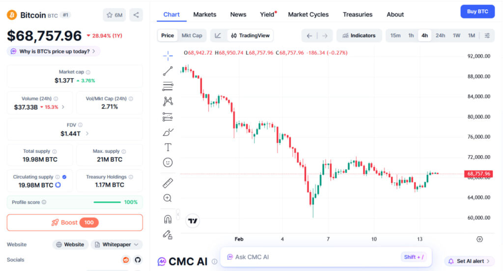 نمودار نوسانات قیمت بیت کوین در سایت کوینمارکتکپ