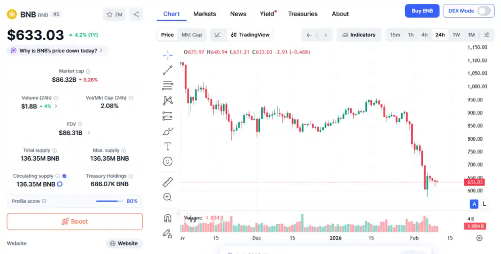 نمودار قیمت لحظه‌ای بایننس کوین (BNB) و نمایش اصلاح شدید قیمت به سطح ۶۳۳ دلار در سال ۲۰۲۶