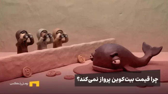 سه تریدر از پشت دیوار در حال رصد یک نهنگ بزرگ بیت‌کوین و سکه‌های طلا هستند.