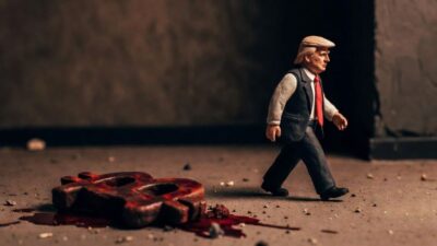 مجسمه دونالد ترامپ در حال عبور از کنار لوگوی خونین بیت کوین