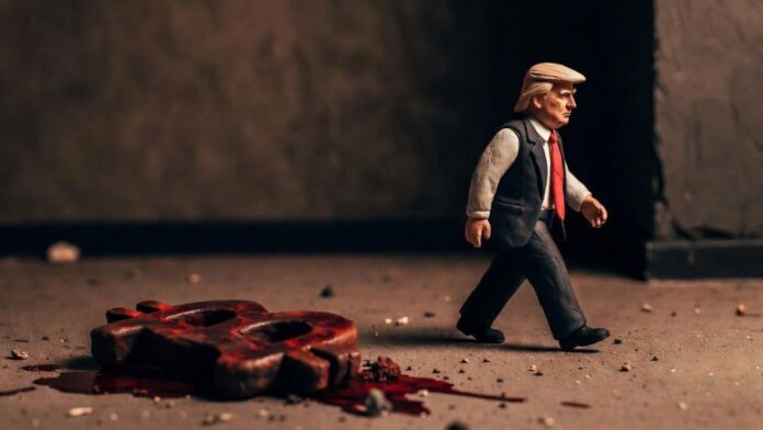 donald-trump-bitcoin-market-crash-concept مجسمه دونالد ترامپ در حال عبور از کنار لوگوی خونین بیت کوین