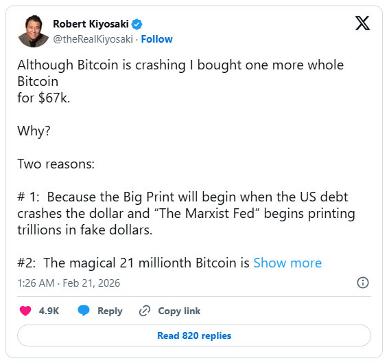 توییت رابرت کیوساکی که توضیح داده چرا بیت کوین خریده