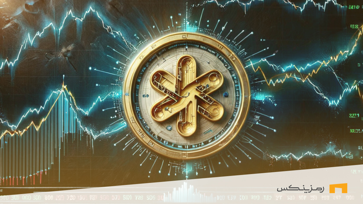 سکه ارز دیجیتال DENT در وسط همراه با لوگوی صرافی رمزینکس و نمودار شمعی