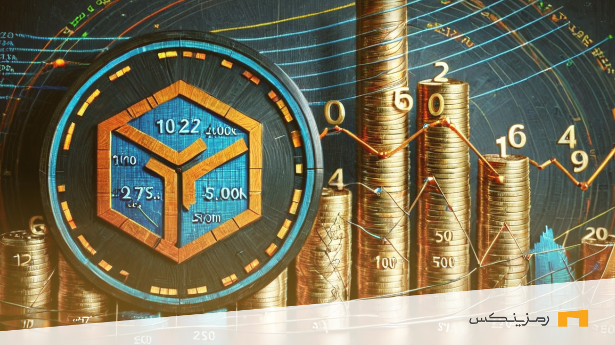 نماد ارز گالا در کنار ستون‌هایی از سکه‌های طلایی و لوگوی صرافی رمزینکس