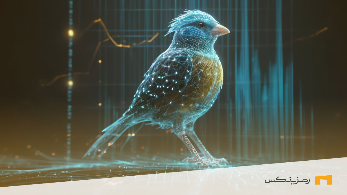 پرنده ارز دیجیتال GFI با تم آبی و پس زمینه تیره در کنار صرافی دیجیتال رمزینکس