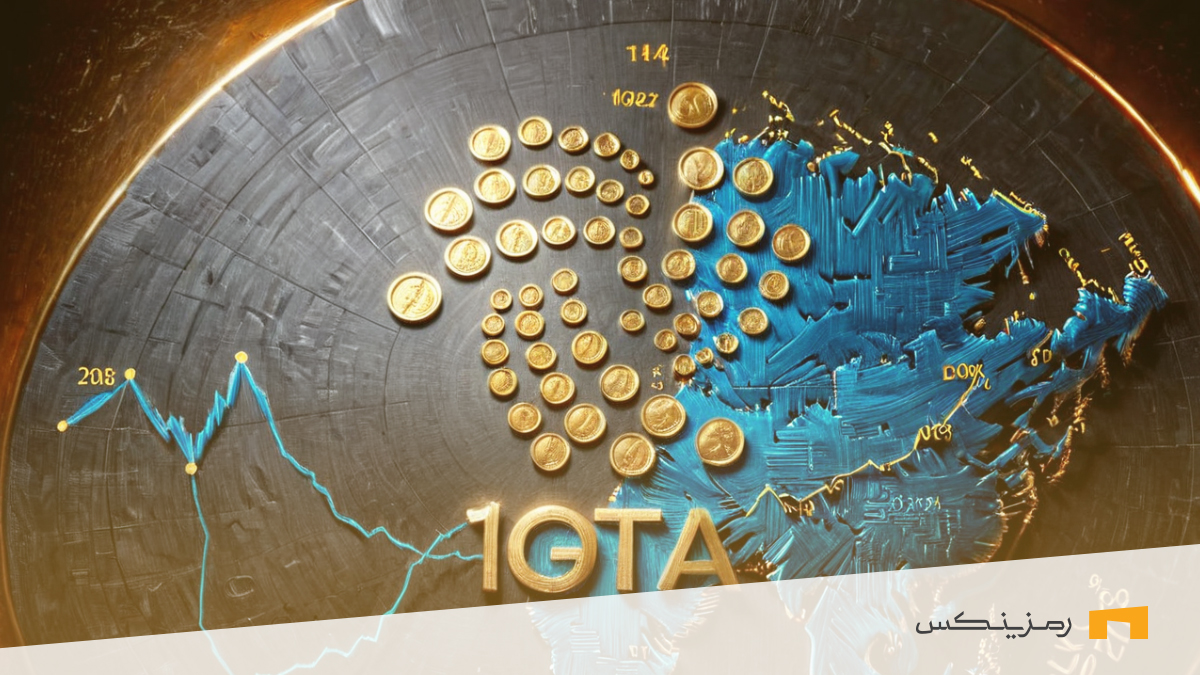 طرح گرافیکی سکه ارز آیوتا (IOTA) همراه با نمودار قیمتی و صرافی ارز دیجیتال رمزینکس