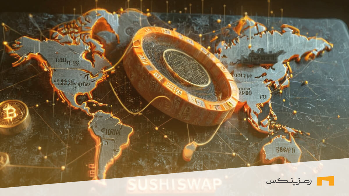 سکه سوشی سواپ (SushiSwap) با پس زمینه نقشه جهان و لوگوی صرافی دیجیتال رمزینکس